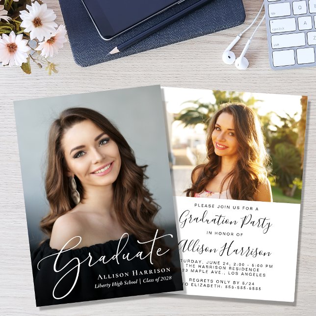 Elegant Script Photo Graduation Party Invitation (A personalized photo graduation party invitation to celebrate the graduate's achievements)