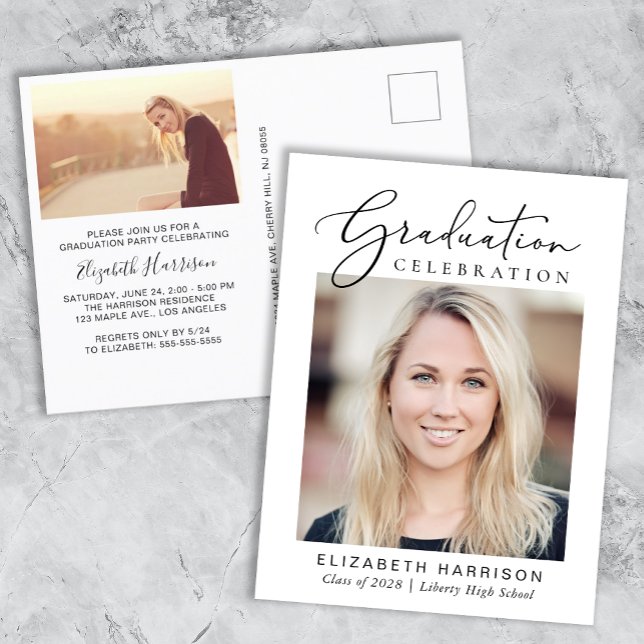 Elegant Script Photo Graduation Party Invitation Postcard (Creator Uploaded)