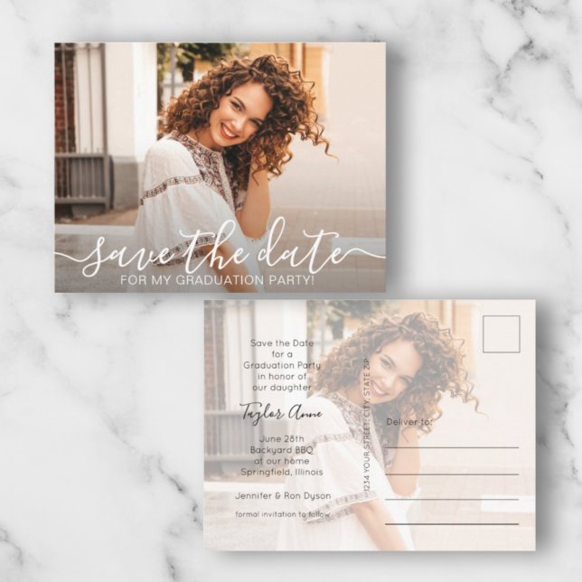 Elegant Script Photo Graduation Save the Date Postcard (Creator Uploaded)