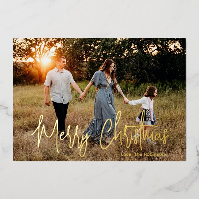 Elegant Script Photo Modern Christmas Foil Holiday Card (Front)