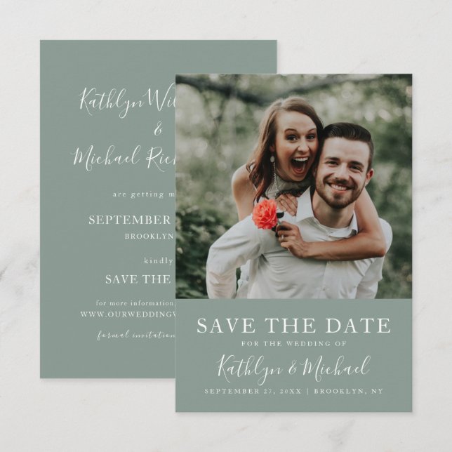Elegant Script Photo Modern Minimalist Wedding Save The Date (Front/Back)