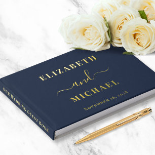 Elegant Script Photo Navy Blue Wedding Guest Book