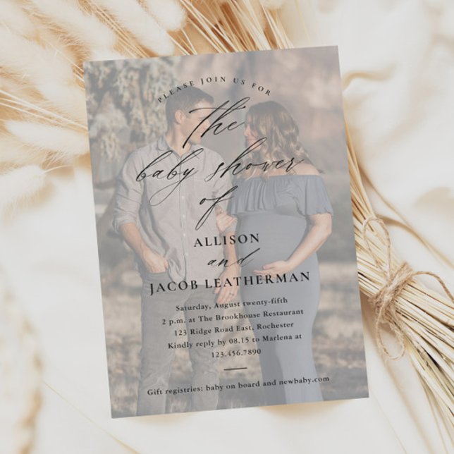 Elegant Script Photo Overlay Baby Shower Magnetic Invitation (Elegant script photo couples baby shower magnetic invitation.)
