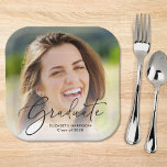 Elegant Script Photo Overlay Graduation Party Paper Plate<br><div class="desc">Elegant graduation party paper plates featuring the graduate's photo overlayed with "Graduate" in a chic script and their name and class year in simple modern typography.</div>