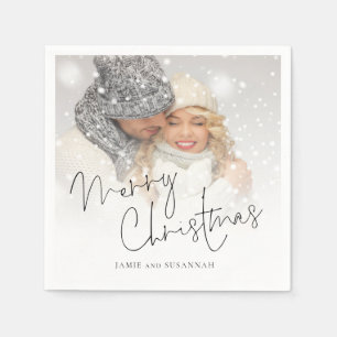 Elegant Script Photo Overlay Names Merry Christmas Napkin