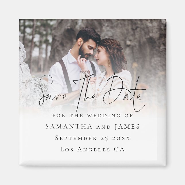 Elegant Script Photo Overlay Wedding Save The Date Magnet (Front)