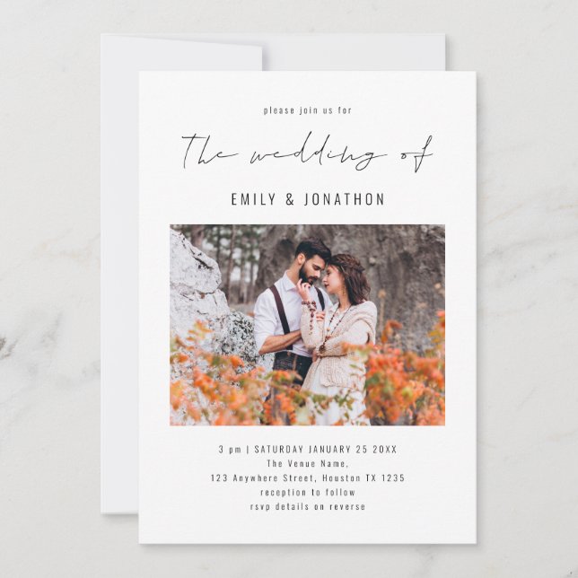 Elegant Script Photo QR Code Wedding Invitation (Front)