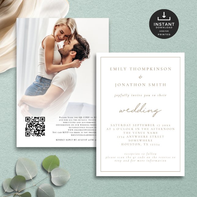  Elegant Script Photo QR Code Wedding Invitation (Front and back view)