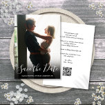 Elegant Script Photo QR Code Wedding Save The Date<br><div class="desc">This simple,  modern script photo save the date card features your special photo overlayed with a script save the date above your names,  date and venue in white text. 
The reverse features your wedding details and wedding website QR code. Designed by Thisisnotme©</div>