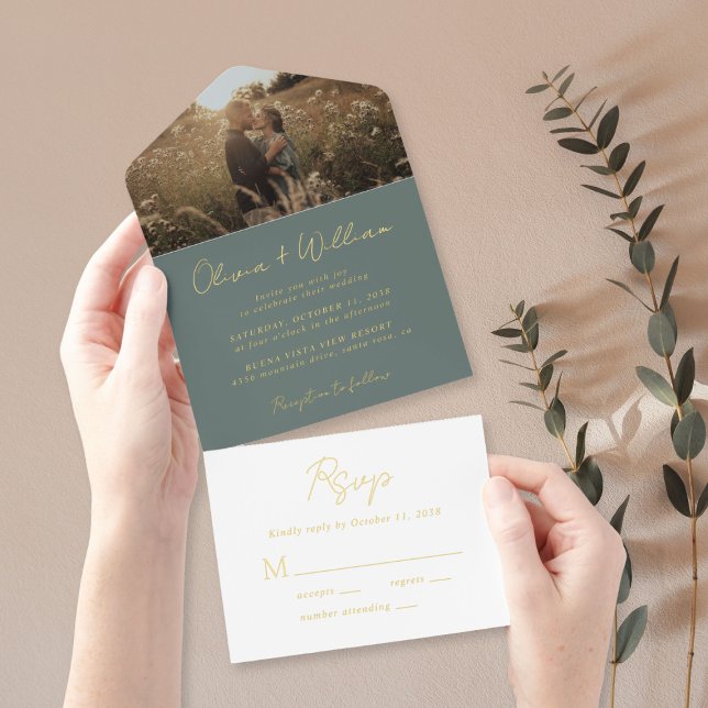 Elegant Script Photo Sage Green Wedding All In One Invitation (Creator Uploaded)