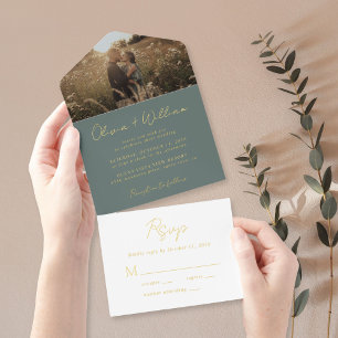 Elegant Script Photo Sage Green Wedding All In One Invitation