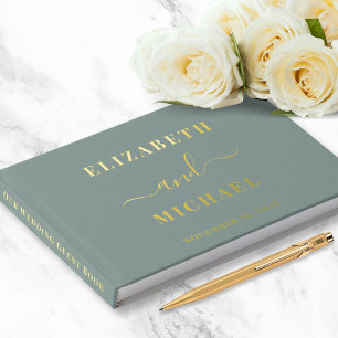 Elegant Script Photo Sage Green Wedding Guest Book
