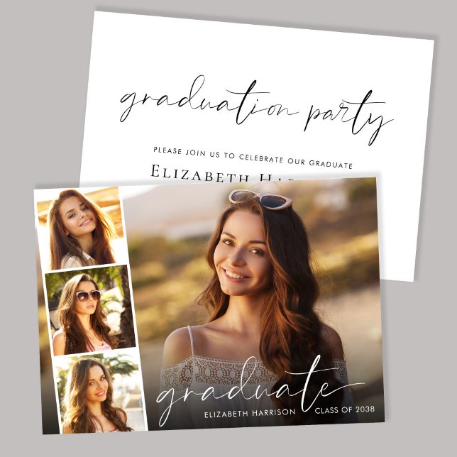 Elegant Script Photo Strip Graduation Party Invitation (An elegant photo collage graduation party invitation to celebrate the graduate's achievements)