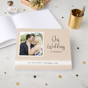 Elegant Script Photo Tan Wedding Guest Book