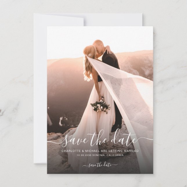 Elegant Script Photo Wedding Save The Date (Front)