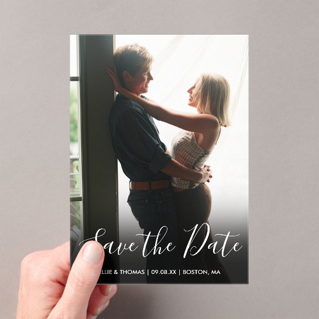 Elegant Script Photo Wedding Save The Date Acrylic Invitations (Insitu (Handheld))