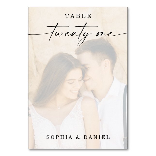Elegant Script Photo Wedding Table Number 21 (Front)