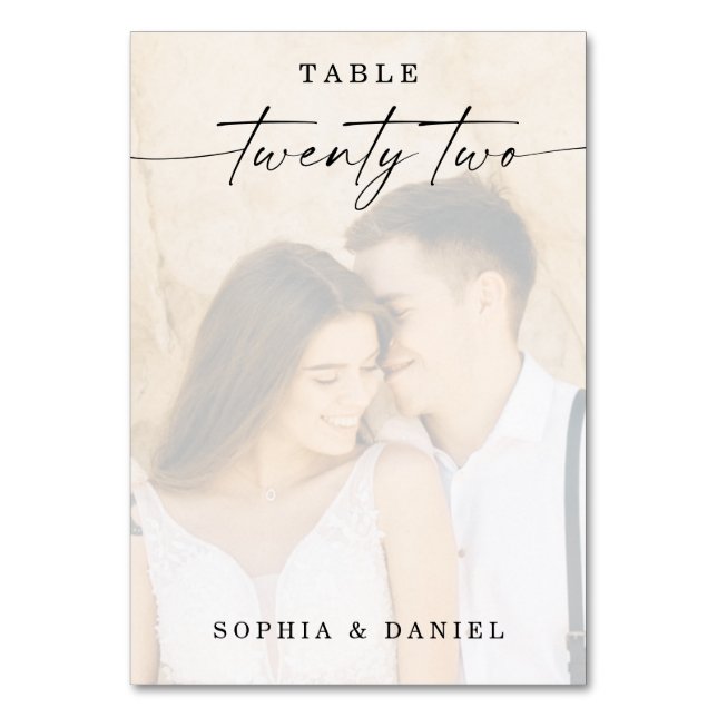 Elegant Script Photo Wedding Table Number 22 (Front)