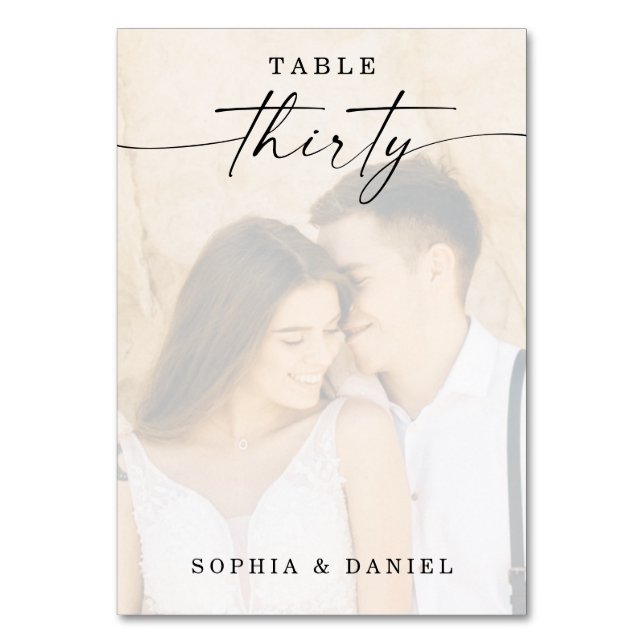 Elegant Script Photo Wedding Table Number 30 (Front)
