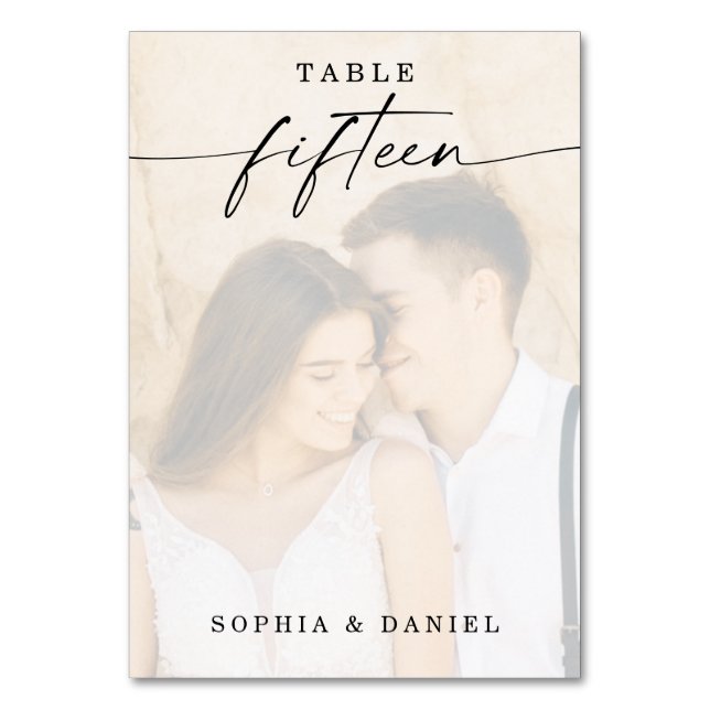 Elegant Script Photo Wedding Table Number Fifteen (Front)