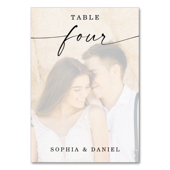 Elegant Script Photo Wedding Table Number Four (Front)