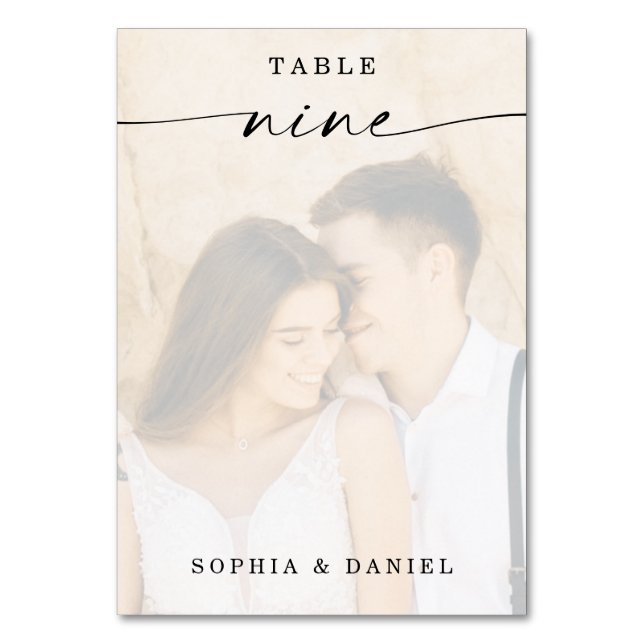 Elegant Script Photo Wedding Table Number Nine (Front)