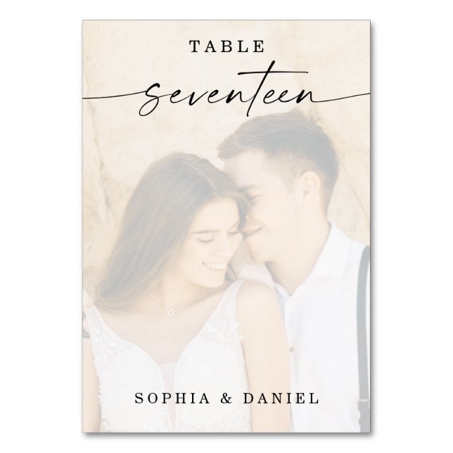 Elegant Script Photo Wedding Table Number Seventee (Front)