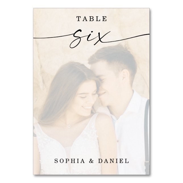 Elegant Script Photo Wedding Table Number Six (Front)