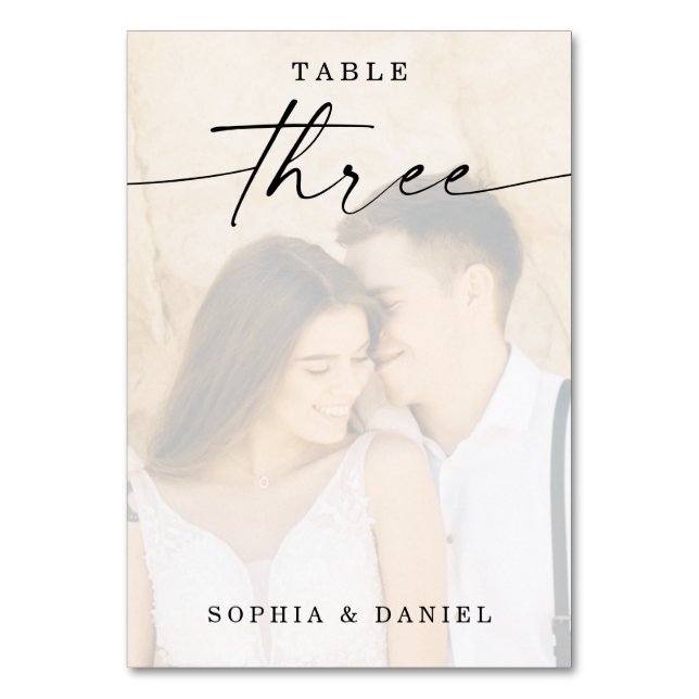 Elegant Script Photo Wedding Table Number Three (Front)