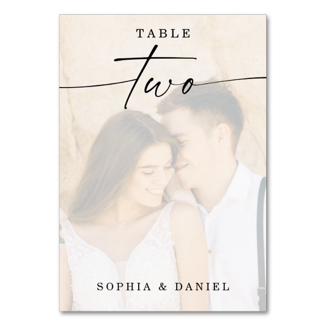 Elegant Script Photo Wedding Table Number Two (Front)