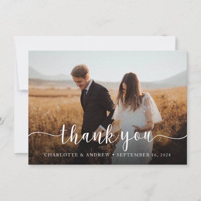 Elegant Script Photo Wedding Thank You Card (Front)