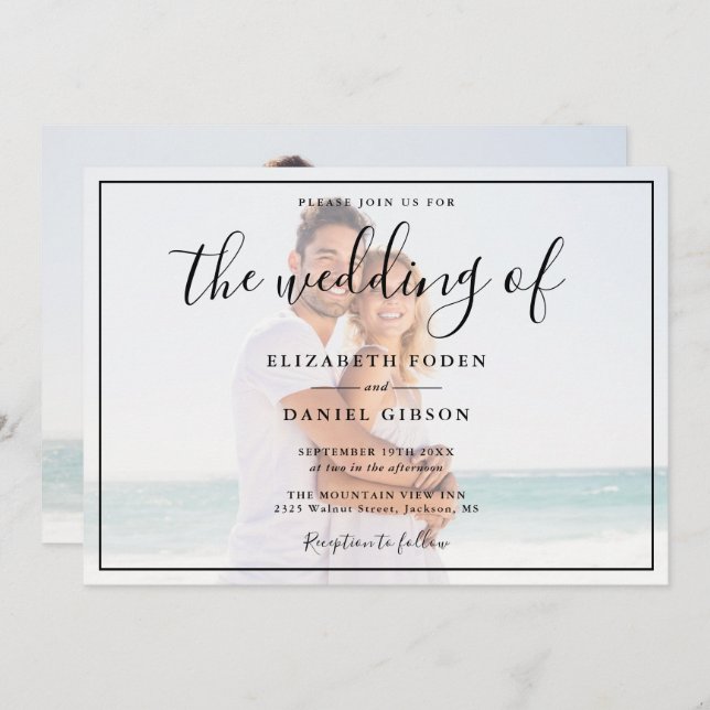 Elegant Script Photo White And Black Wedding Invitation (Front/Back)