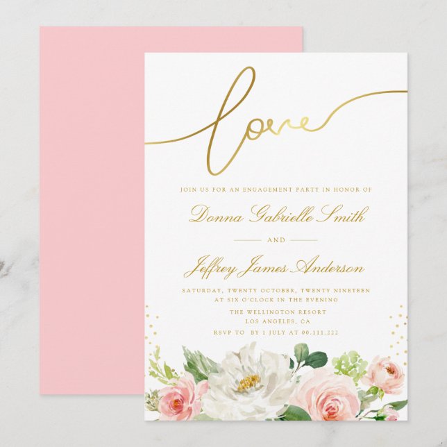 Elegant script pink blush floral engagement party invitation (Front/Back)