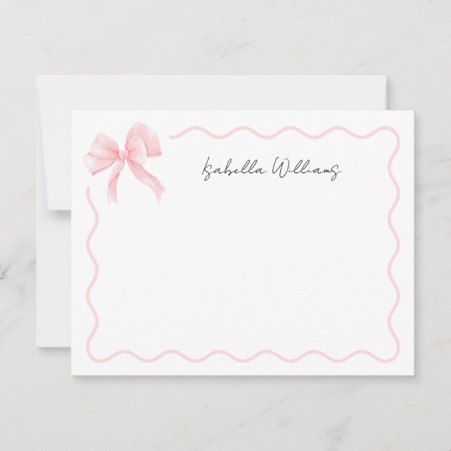 Elegant Script Pink Bow Personalized Note Card (Front)