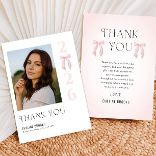 Elegant Script Pink Bow Photo Graduation Thank You Card