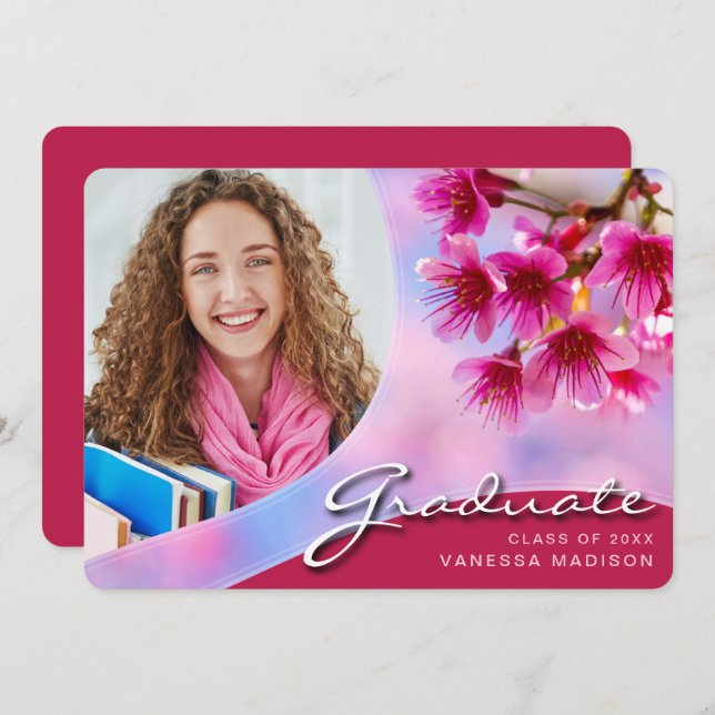 Elegant Script Pink Flowers | Modern Photo Grad Announcement (Front/Back)