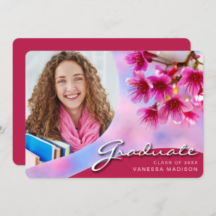Elegant Script Pink Flowers Modern Photo Grad Announcement