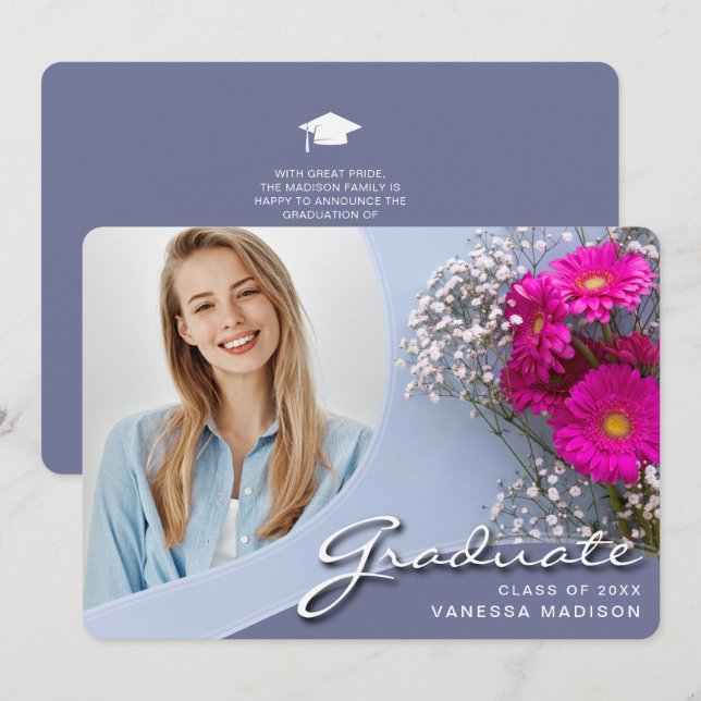Elegant Script Pink Flowers | Modern Photo Grad Announcement (Front/Back)