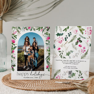 Elegant Script Pink Greenery Foliage Arch 1 Photo Holiday Card