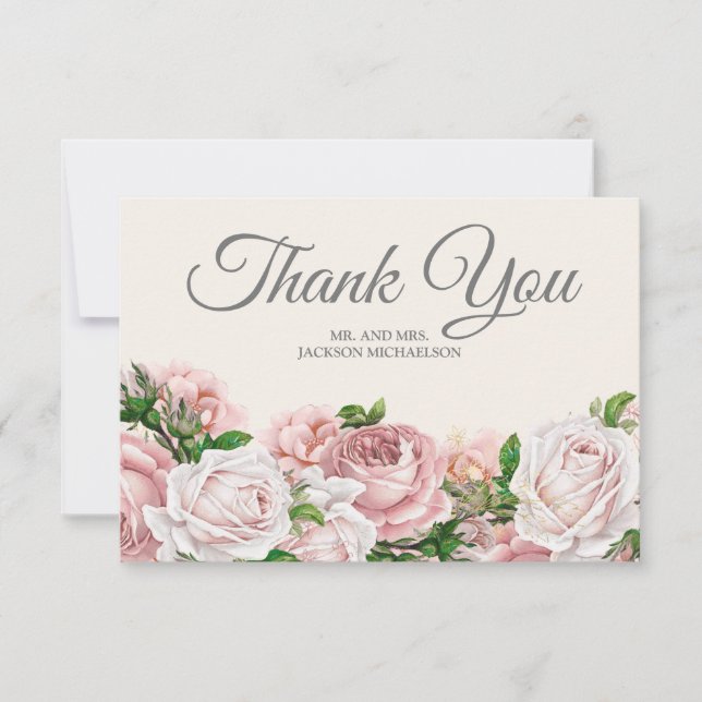 Elegant Script Pink Roses Cream Wedding Thank You Card (Front)
