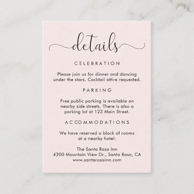 Elegant Script Pink Wedding Details Enclosure Card (Front)