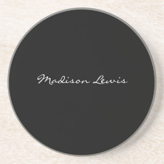 Elegant Script Plain Black Name Calligraphy Coaster
