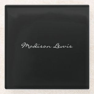 Elegant Script Plain Black Name Calligraphy  Glass Coaster