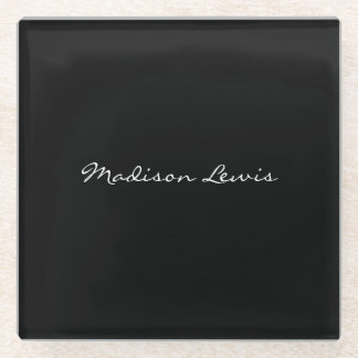 Elegant Script Plain Black Name Calligraphy Glass Coaster