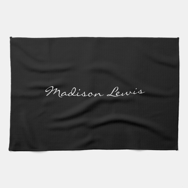 Elegant Script Plain Black Name Calligraphy  Kitchen Towel (Horizontal)