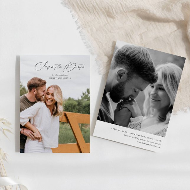 Elegant Script Portrait w/Photo on Back Save The Date (Creator Uploaded)