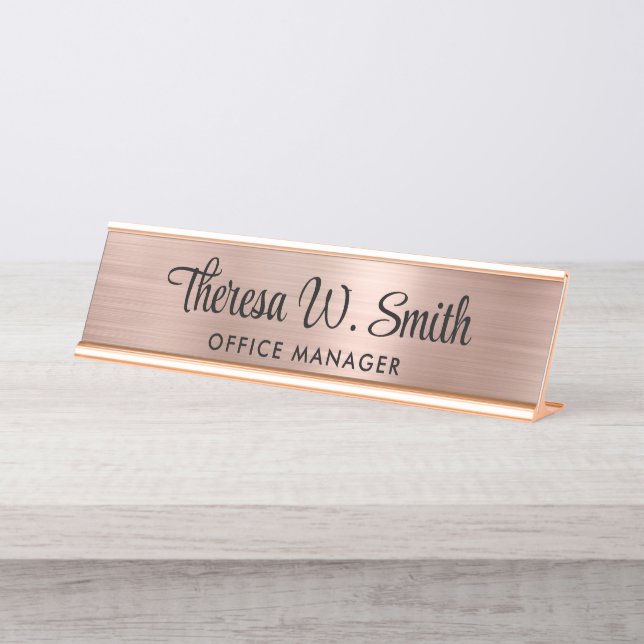 Elegant Script Professional Rose Gold Desk Name Plate (Front)