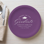 Elegant Script Purple Cheers to the Graduate Paper Plate<br><div class="desc">Elegant graduation paper plates featuring a graduation cap with the phrase "Cheers to the Graduate" in a white calligraphy script on a purple background. Personalize the modern graduation paper plates with the graduate's name, school name, and graduation year. The simple graduation plates are perfect to use for your high school...</div>