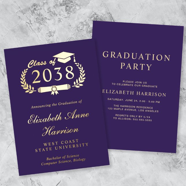 Elegant Script Purple College Graduation Party (An elegant foil graduation party invitation to celebrate the graduate's achievements)