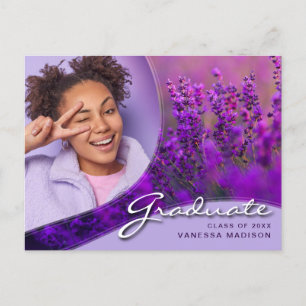 Elegant Script Purple Flowers   Modern Photo Grad Postcard